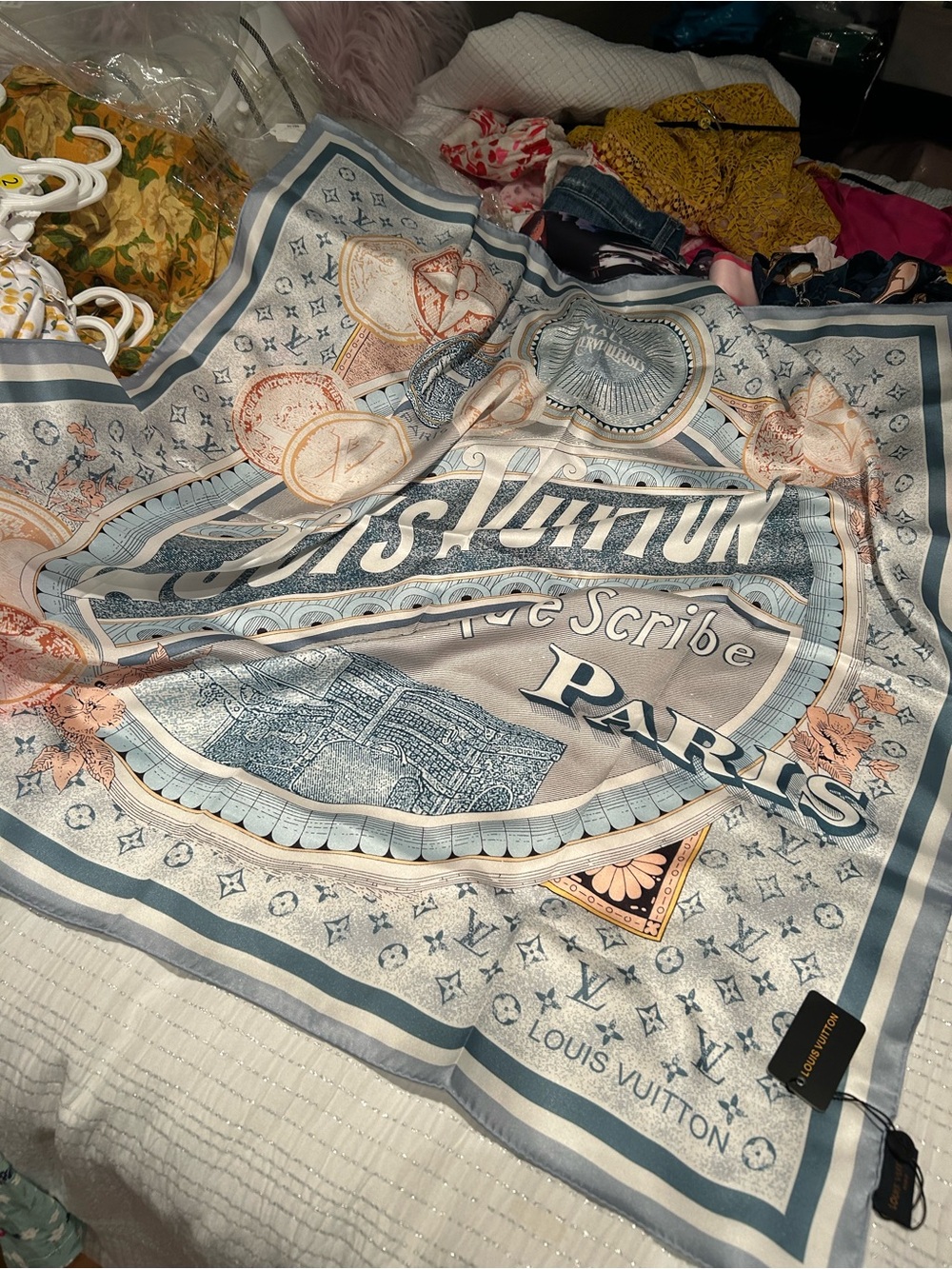Louis Vuitton Blue Cream & Peach Paris Silk Shawl